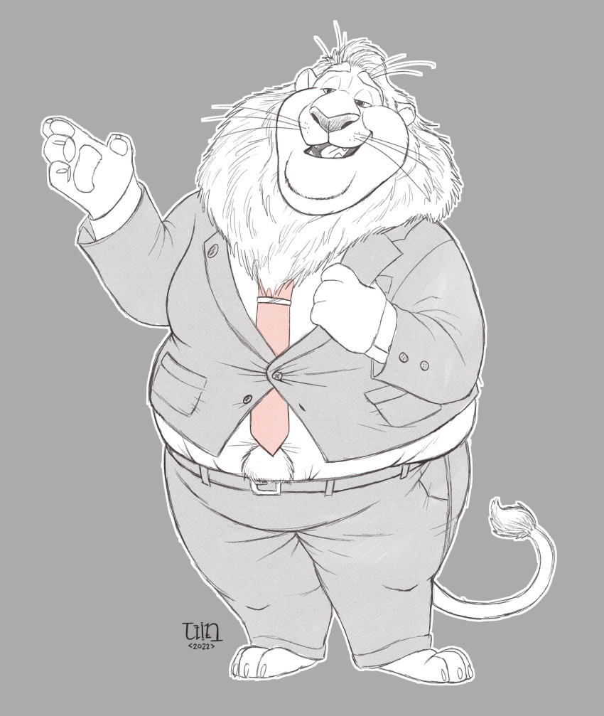 2022 absurd_res anthro barefoot belly_tuft belt bottomwear chubby_anthro chubby_male claws clothed clothing clothing_grab disney dragontzin fangs feet felid fur half-closed_eyes hi_res holding_clothing holding_object jacket leodore_lionheart lion male mammal mane narrowed_eyes necktie open_mouth overweight overweight_anthro overweight_male pantherine pants paws raised_tail shirt slightly_chubby solo standing toe_claws tongue topwear tuft whiskers zootopia