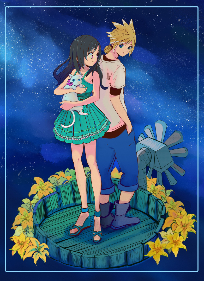 1boy 1girl absurdres animal black_hair blonde_hair blue_eyes cat cloud_strife dress final_fantasy final_fantasy_vii final_fantasy_vii_remake flower highres holding holding_animal hugo_artist long_hair looking_at_another night night_sky red_eyes shirt sky sleeveless sleeveless_dress spiked_hair star_(sky) starry_sky tifa_lockhart water_tower younger