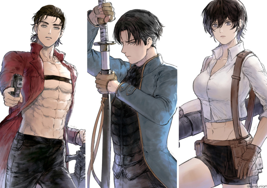 1girl 2boys abs aiming_at_viewer arm_up bangs belt_pouch black_hair black_pants black_shirt black_shorts breasts brown_gloves cleavage coat collarbone collared_shirt column_lineup commentary cosplay cowboy_shot cropped_shirt dante_(devil_may_cry) dante_(devil_may_cry)_(cosplay) devil_may_cry_(series) dress_shirt dual_wielding english_commentary eren_yeager finger_on_trigger fingerless_gloves frown furrowed_brow gloves green_eyes hair_between_eyes highres holding holding_sword holding_weapon lady_(devil_may_cry) lady_(devil_may_cry)_(cosplay) levi_(shingeki_no_kyojin) long_sleeves looking_at_viewer midriff mikasa_ackerman multiple_boys no_shirt older outstretched_arm pants parted_bangs parted_lips pouch purple_eyes rainbuniart red_coat reverse_grip sheath shingeki_no_kyojin shirt short_hair short_shorts shorts simple_background sword toned toned_male twitter_username unsheathing vergil_(devil_may_cry) vergil_(devil_may_cry)_(cosplay) weapon white_background white_shirt