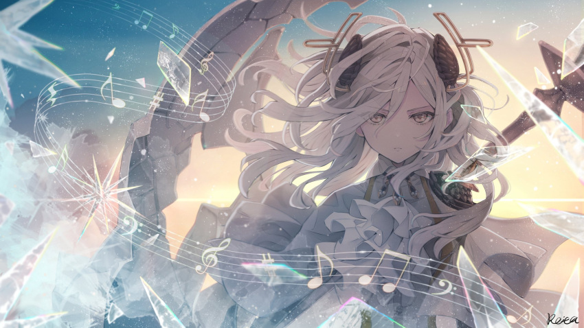 1girl alchemy_stars armor backlighting bangs bass_clef beamed_eighth_notes capelet carleen_(alchemy_stars) closed_mouth cloud dress eighth_note floating_hair hair_intakes hair_ornament highres horizon hoshizaki_reita ice jabot long_hair looking_at_viewer musical_note polearm quarter_rest sharp_sign shoulder_armor signature solo spear staff_(music) sunset treble_clef upper_body weapon white_dress white_hair wind yellow_eyes
