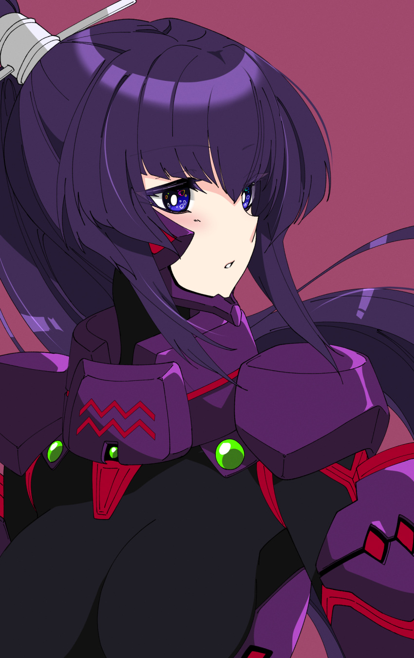 1girl bangs blue_eyes blush breasts bright_pupils eyebrows_visible_through_hair floating_hair fortified_suit highres kamon_rider koubuin_yuuhi long_hair looking_to_the_side medium_breasts muvluv muvluv_alternative pilot_suit ponytail portrait purple_hair skin_tight solo white_pupils