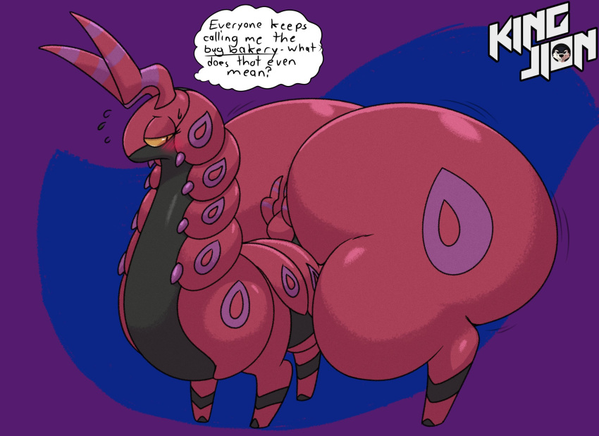 all_fours ambiguous_gender antennae_(anatomy) big_butt blush bodily_fluids butt embarrassed english_text feral half-closed_eyes hi_res huge_butt huge_thighs hyper hyper_butt kingfurryjion looking_back multicolored_body narrowed_eyes nintendo pok&eacute;mon pok&eacute;mon_(species) question_mark scolipede solo sweat text thick_thighs thought_bubble video_games