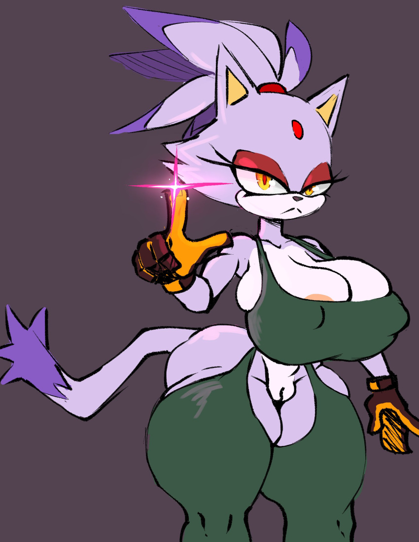 anthro areola big_breasts blaze_the_cat breasts butt cleavage clothed clothing domestic_cat elemental_manipulation felid feline felis female fire fire_manipulation forehead_gem genitals hi_res looking_at_viewer mammal pussy sega solo sonic_the_hedgehog_(series) thick_thighs wide_hips wolflance