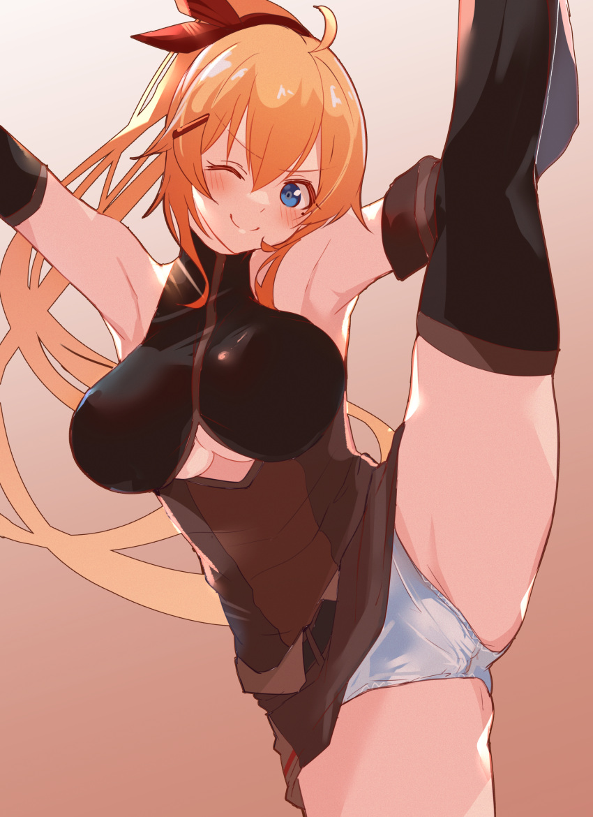 1girl absurdres ahoge arito_arayuru armpits bangs bare_shoulders blonde_hair blue_eyes blush bow clothing_cutout elbow_gloves feet_out_of_frame gloves hair_bow halterneck highres one_eye_closed original panties ponytail rayuru_(arito_arayuru) red_bow shirt skirt sleeveless sleeveless_shirt smile solo split standing standing_on_one_leg standing_split thighhighs thighs underboob_cutout underwear