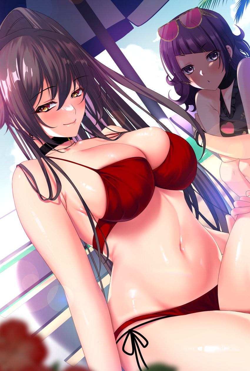 2girls absurdres ayakichi bikini black_choker black_hair blush breasts choker dutch_angle eyewear_on_head half-closed_eyes highres idolmaster idolmaster_shiny_colors large_breasts looking_at_viewer multiple_girls navel outdoors parasol purple_hair red_bikini shirase_sakuya smile swimsuit tanaka_mamimi umbrella