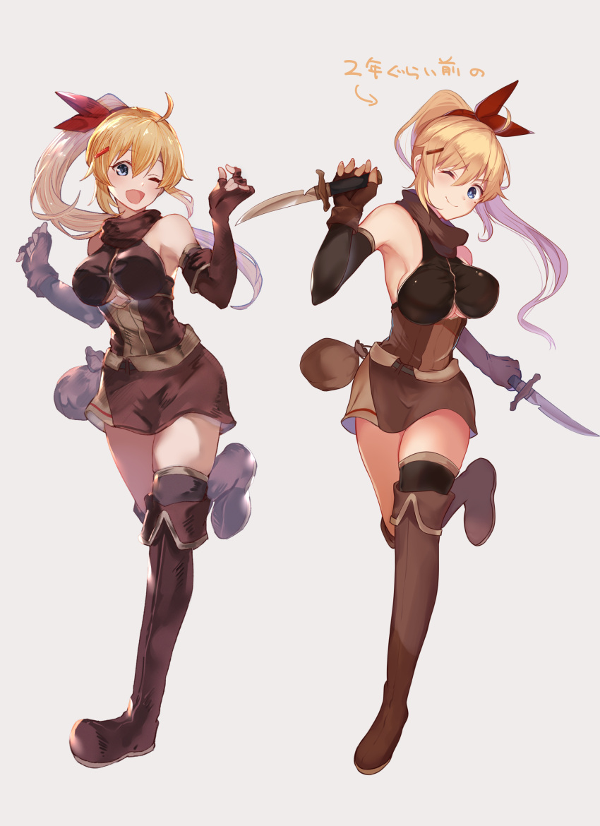 2girls absurdres ahoge arito_arayuru artist_progress belt blonde_hair blue_eyes boots bow brown_gloves brown_skirt dagger dual_wielding elbow_gloves fingerless_gloves full_body gloves hair_bow hair_ornament hairclip hands_up highres holding holding_dagger holding_weapon knife long_hair multiple_girls one_eye_closed original ponytail pouch rayuru_(arito_arayuru) red_bow shirt simple_background skirt sleeveless sleeveless_shirt thigh_boots thighhighs thighs translated walking weapon white_background