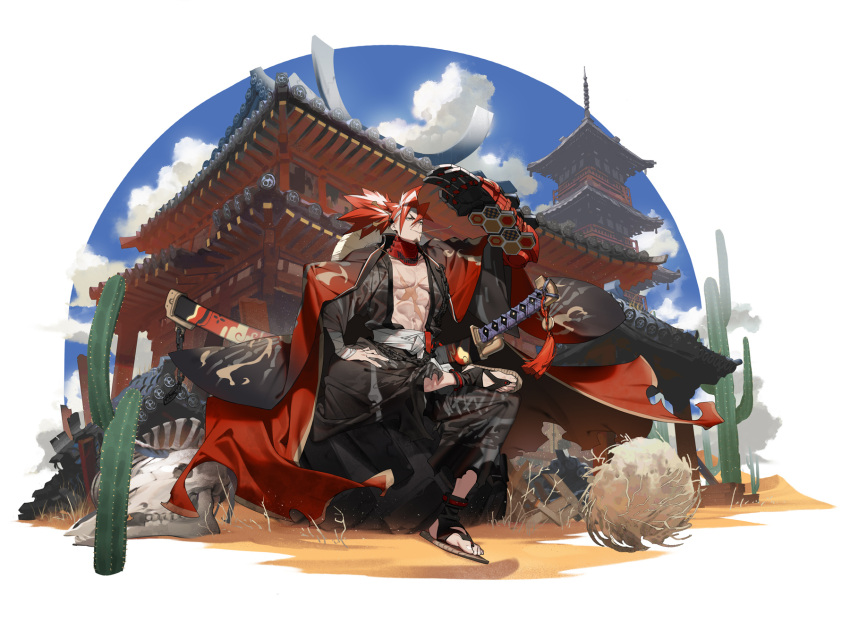 1boy alchemy_stars animal_skull architecture bandaged_arm bandages blue_sky cactus closed_mouth cross_scar day east_asian_architecture hand_on_hip hand_up highres katana long_sleeves male_focus mouth_hold official_art outdoors oversized_forearms oversized_limbs ponytail red_hair ryota-h scar scar_on_chest sky smile solo stalk_in_mouth sword tumbleweed weapon
