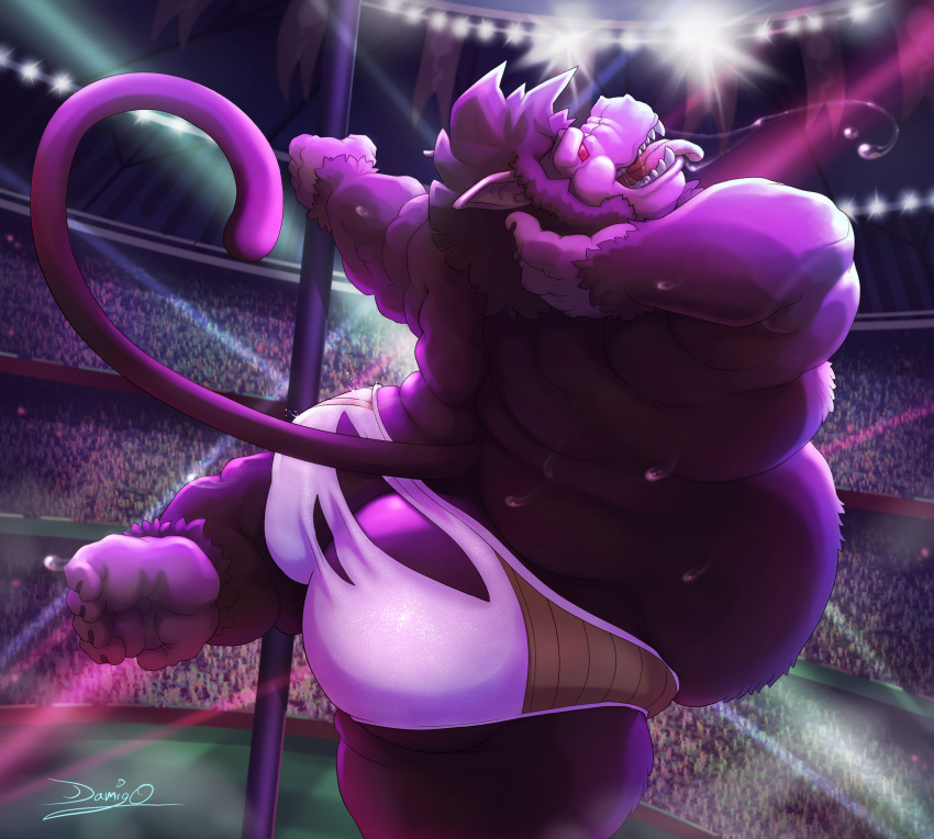 anthro bodily_fluids brown_body brown_fur damingo dragon_ball dragon_ball_z fur hi_res macro male mammal oozaru pole primate red_eyes saiyan solo stadium stadium_lighting stripper stripper_pole