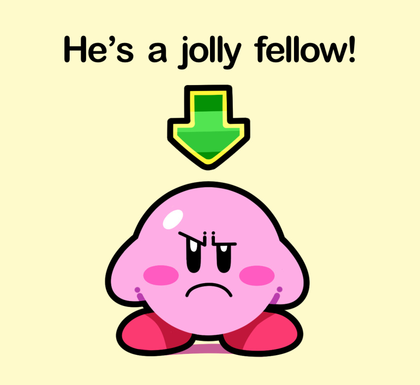 artsy-rc closed_mouth english_text frown kirby kirby_(series) looking_at_viewer no_humans parody raised_eyebrow simple_background solo uneven_eyes yellow_background