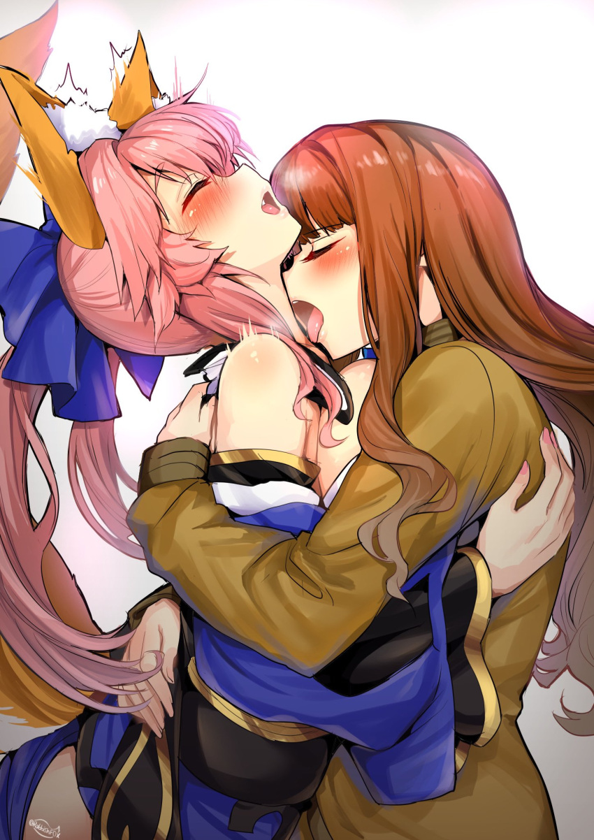 2girls animal_ear_fluff animal_ears blue_bow blue_kimono blush bow breasts brown_hair fate/extra fate_(series) fox_ears fox_girl fox_tail highres hug japanese_clothes kimono kishinami_hakuno_(female) large_breasts licking licking_neck multiple_girls pink_hair ponytail school_uniform tail tamamo_(fate) tamamo_no_mae_(fate/extra) tsukumihara_academy_uniform_(fate/extra) tsukumihara_academy_uniform_(fate/extra_ccc) wisespeak yuri