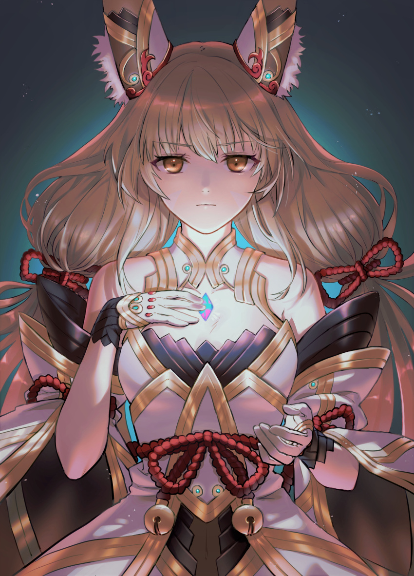 1girl animal_ears bangs blunt_bangs breasts cat_ears chest_jewel cleavage detached_sleeves facial_mark fuwamoko_momen_toufu highres long_hair low_twintails nia_(blade)_(xenoblade) nia_(xenoblade) silver_hair small_breasts solo twintails very_long_hair xenoblade_chronicles_(series) xenoblade_chronicles_2 yellow_eyes