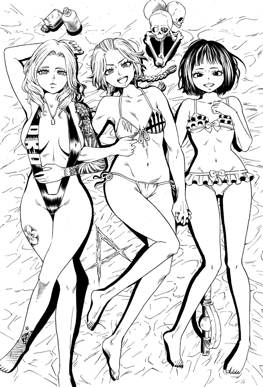 3girls absurdres arm_behind_back arm_tattoo bikini bone braid breasts commentary_request dead_by_daylight eyelashes feng_min flower_tattoo frilled_bikini frills front-tie_bikini front-tie_top greyscale hair_pulled_back highres jewelry kate_denson locked_arms long_hair lying medium_breasts medium_hair meg_thomas monochrome multiple_girls navel necklace on_back open_mouth side-tie_bikini skull slingshot_swimsuit small_breasts smile swimsuit takayama_akira tattoo tri_braids