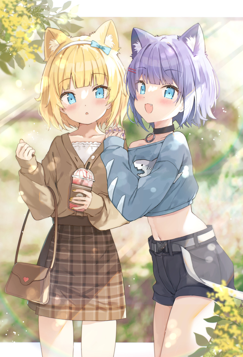 2girls :d :o animal_ear_fluff animal_ears bag bangs belt belt_buckle black_choker black_shorts blonde_hair blue_bow blue_eyes blue_shirt blurry blurry_background blush bow brown_jacket brown_nails brown_skirt buckle camisole choker commentary_request crop_top cup depth_of_field disposable_cup drinking_straw eyebrows_visible_through_hair fang fox_ears hair_bow hairband hands_on_another's_shoulder highres holding holding_cup jacket long_sleeves looking_at_viewer midriff multiple_girls nail_polish navel off_shoulder own_hands_together parted_lips plaid plaid_skirt puffy_long_sleeves puffy_sleeves purple_hair purple_nails rukiroki saeki_sora sasugano_roki sasugano_ruki shirt short_shorts shorts shoulder_bag siblings sisters skirt sleeves_past_wrists smile twintails virtual_youtuber white_belt white_camisole white_hairband