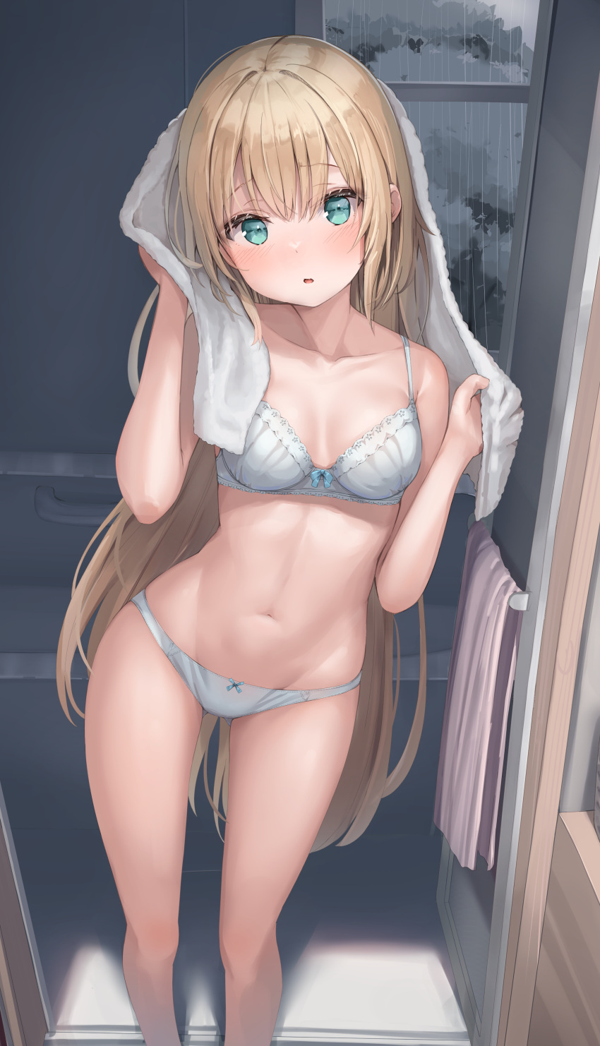 1girl absurdres ass_visible_through_thighs bare_arms bare_shoulders blonde_hair blue_eyes bra breasts collarbone hands_up highres holding indoors long_hair looking_at_viewer medium_breasts navel original panties parted_lips reinama solo standing stomach thighs towel towel_on_head underwear underwear_only very_long_hair white_bra white_panties