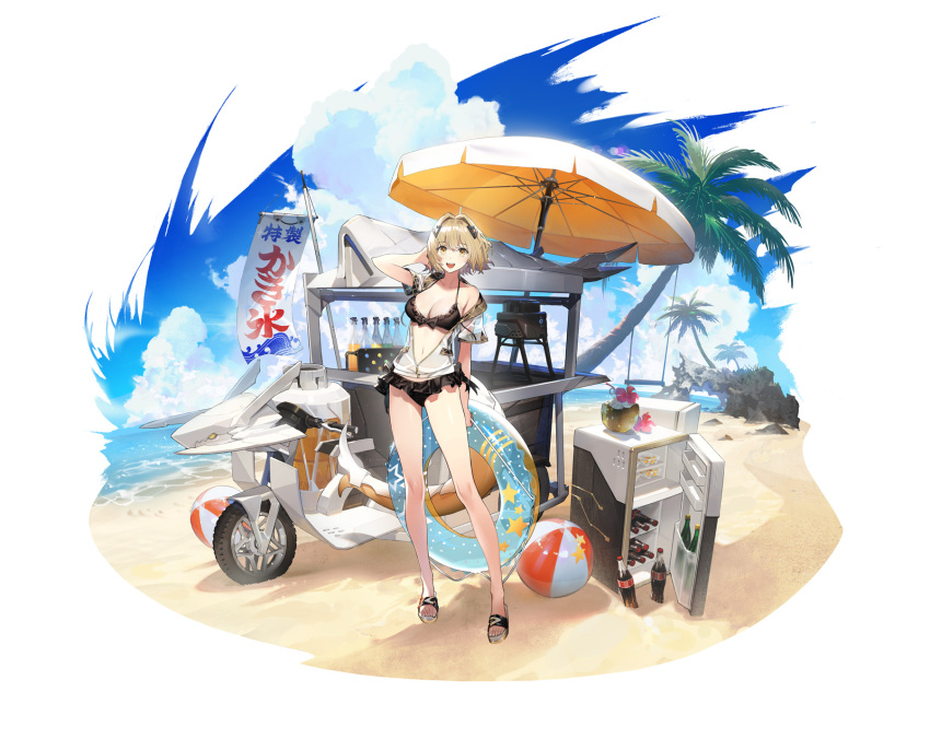 1girl :d alchemy_stars ball beach beachball bikini bikini_skirt black_bikini blonde_hair coca-cola cumulonimbus_cloud day hair_intakes hand_up highres innertube jacket looking_at_viewer medium_hair minifridge navel official_art open_clothes open_jacket outdoors palm_tree parasol ryota-h short_sleeves smile solo swimsuit tree umbrella