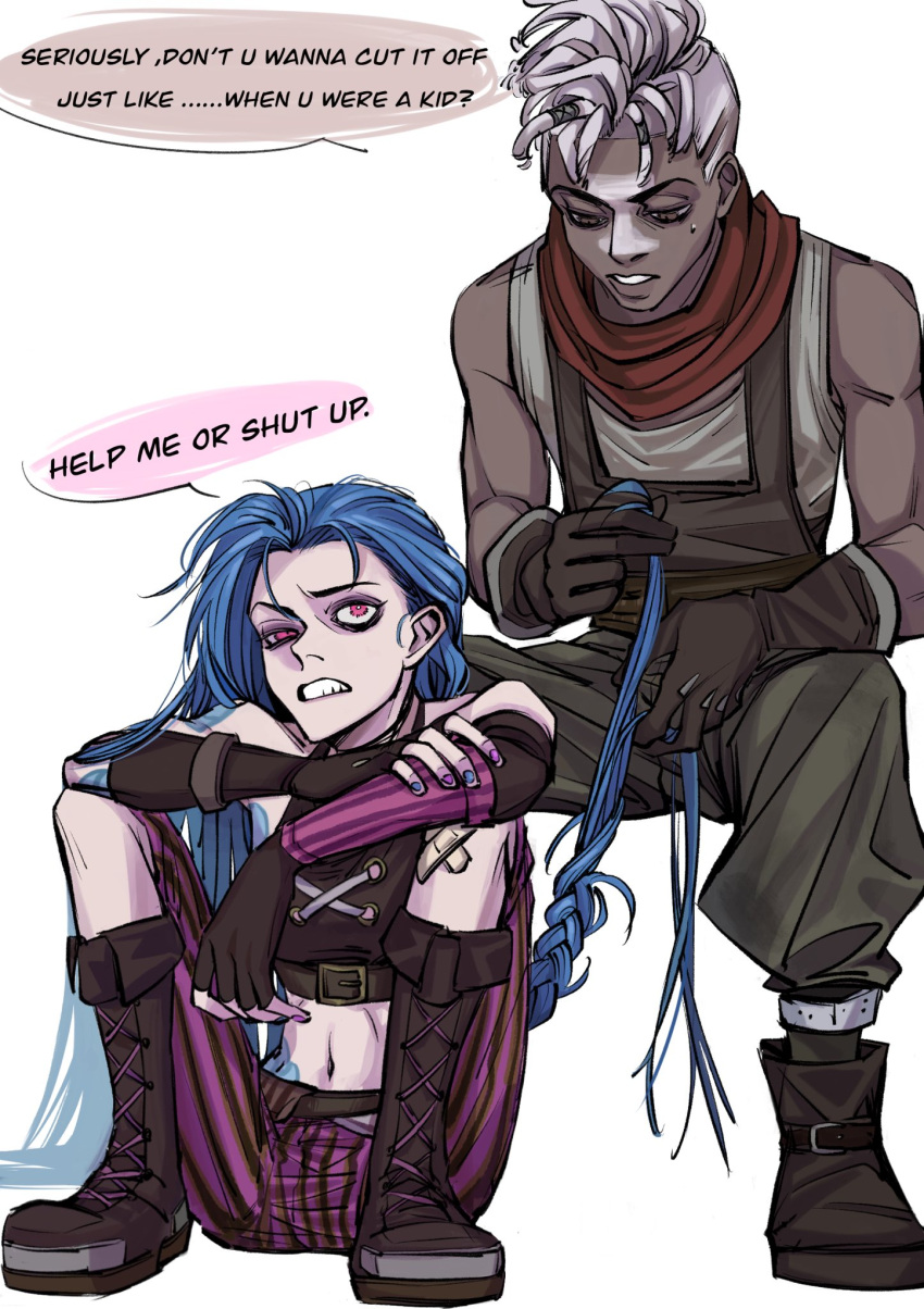 1boy 1girl annoyed arcane:_league_of_legends arcane_jinx bandaid bandaid_on_knee bandaid_on_leg bare_shoulders belt blue_hair blue_nails brown_eyes brown_footwear brown_gloves cloud_tattoo crop_top d_(xxl30433461) dark-skinned_male dark_skin ekko_(league_of_legends) english_text facial_mark firelight_ekko gloves green_pants highres holding holding_scissors invisible_chair jinx_(league_of_legends) knees_up league_of_legends long_hair looking_at_another navel pants pink_eyes pink_pants scissors sitting speech_bubble stomach sweatdrop teeth twintails