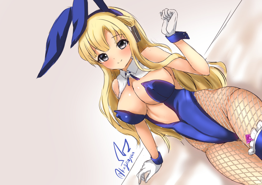 1girl adapted_costume animal_ears blonde_hair blue_leotard breasts cleavage condom covered_navel detached_collar double_bun earphones fake_animal_ears fishnet_legwear fishnets fletcher_(kancolle) fletcher_mk_ii_(kancolle) gloves hair_ornament highres kantai_collection kuga_zankurou large_breasts leotard long_hair neckerchief off_shoulder pantyhose playboy_bunny purple_eyes rabbit_ears signature sitting solo star_(symbol) star_hair_ornament strapless strapless_leotard twitter_username united_states_medal_of_honor white_gloves wrist_cuffs yellow_neckerchief