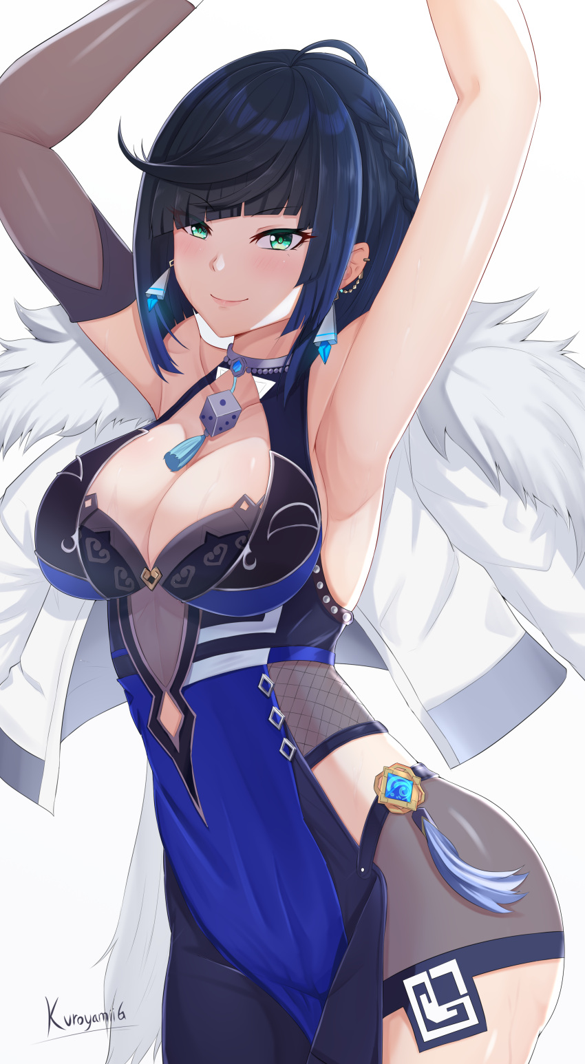 1girl absurdres aqua_eyes armpits artist_name bangs blue_hair blush braid breasts cleavage closed_mouth commentary earrings fur_trim genshin_impact highres jacket jacket_on_shoulders jewelry kuroyamii large_breasts lips looking_at_viewer shiny shiny_clothes shiny_hair shiny_skin short_hair signature simple_background smile thighs white_background yelan_(genshin_impact)