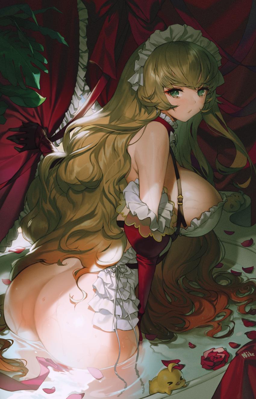 &gt;_&lt; 1girl absurdres apron ass azur_lane bare_shoulders bath bathtub bird blonde_hair blue_eyes bottomless bow bowtie breasts chick choker colored_tips cowboy_shot curtain_grab curtains detached_sleeves duck eyeliner fingerless_gloves flower frilled_apron frills from_behind gloves green_eyes highres howe_(azur_lane) howe_(pastry_princess)_(azur_lane) large_breasts leaf leaning_forward long_hair looking_at_viewer looking_back maid_headdress makeup multicolored_hair naked_apron nike_(nike1060) official_alternate_costume petals petals_on_liquid red_flower red_gloves red_hair solo streaked_hair two-tone_hair very_long_hair wading wavy_hair wet white_apron white_bow white_bowtie