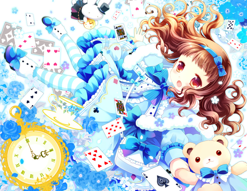 1girl ace_of_spades bangs black_headwear blue_bow blue_capelet blue_dress blue_flower blue_footwear blue_hairband blush bow brown_hair capelet card clock club_(shape) commentary_request diamond_(shape) dress eyebrows_visible_through_hair flower frilled_dress frills full_body fur-trimmed_capelet fur_trim hairband hat heart higanbana_no_saku_yoru_ni highres holding holding_stuffed_toy kusunoki_midori long_hair long_sleeves looking_at_viewer open_mouth pantyhose playing_card puffy_long_sleeves puffy_sleeves red_eyes roman_numeral sakurazawa_izumi shoes solo spade_(shape) striped striped_bow striped_legwear stuffed_animal stuffed_bunny stuffed_toy teddy_bear top_hat