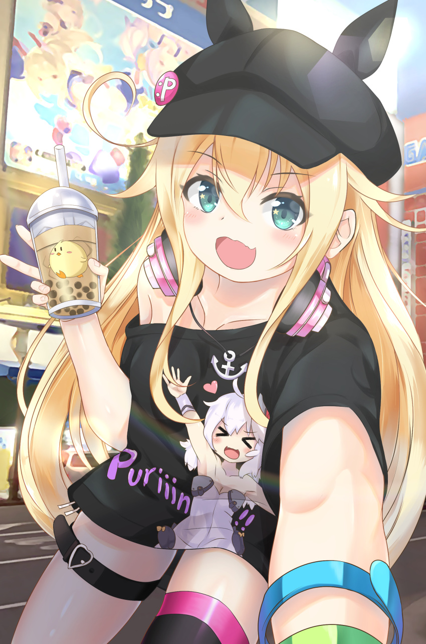 1girl :d absurdres albacore_(azur_lane) alternate_costume animal_ear_headwear ayanami_(azur_lane) azur_lane bare_shoulders belt black_headwear black_legwear black_shirt blonde_hair blush bubble_tea casual character_print cup green_eyes hand_up happy hat hat_pin headphones headphones_around_neck highres holding holding_cup laffey_(azur_lane) leaning_forward long_hair looking_at_viewer makina9696 manjuu_(azur_lane) no_pants off-shoulder_shirt off_shoulder outstretched_arm shirt single_thighhigh smile solo star_(symbol) star_in_eye symbol_in_eye thigh_strap thighhighs universal_bulin_(azur_lane) very_long_hair z23_(azur_lane)