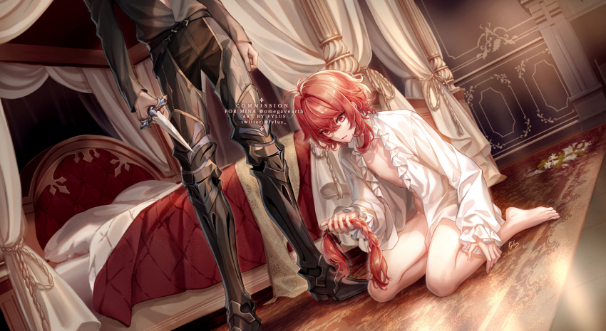 2boys bangs bare_legs barefoot bed commission cutting_hair diluc_(genshin_impact) genshin_impact hair_between_eyes kaeya_(genshin_impact) knife long_sleeves male_focus multiple_boys nipples no_pants open_clothes open_mouth open_shirt pants poop_fylus_snowflake_fire red_eyes red_hair shirt shoes white_shirt