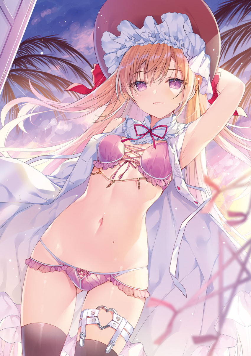 1girl arm_up armpits ass_visible_through_thighs bare_shoulders black_legwear blonde_hair bra breasts cowboy_shot dengeki_moeou dress frilled_bra frilled_panties frills hat highres long_dress long_hair looking_at_viewer miwabe_sakura mole mole_on_stomach navel open_clothes open_dress original panties pink_bra pink_panties purple_eyes sleeveless sleeveless_dress small_breasts smile solo standing stomach sun_hat thigh_strap thighhighs thighs two_side_up underwear white_dress
