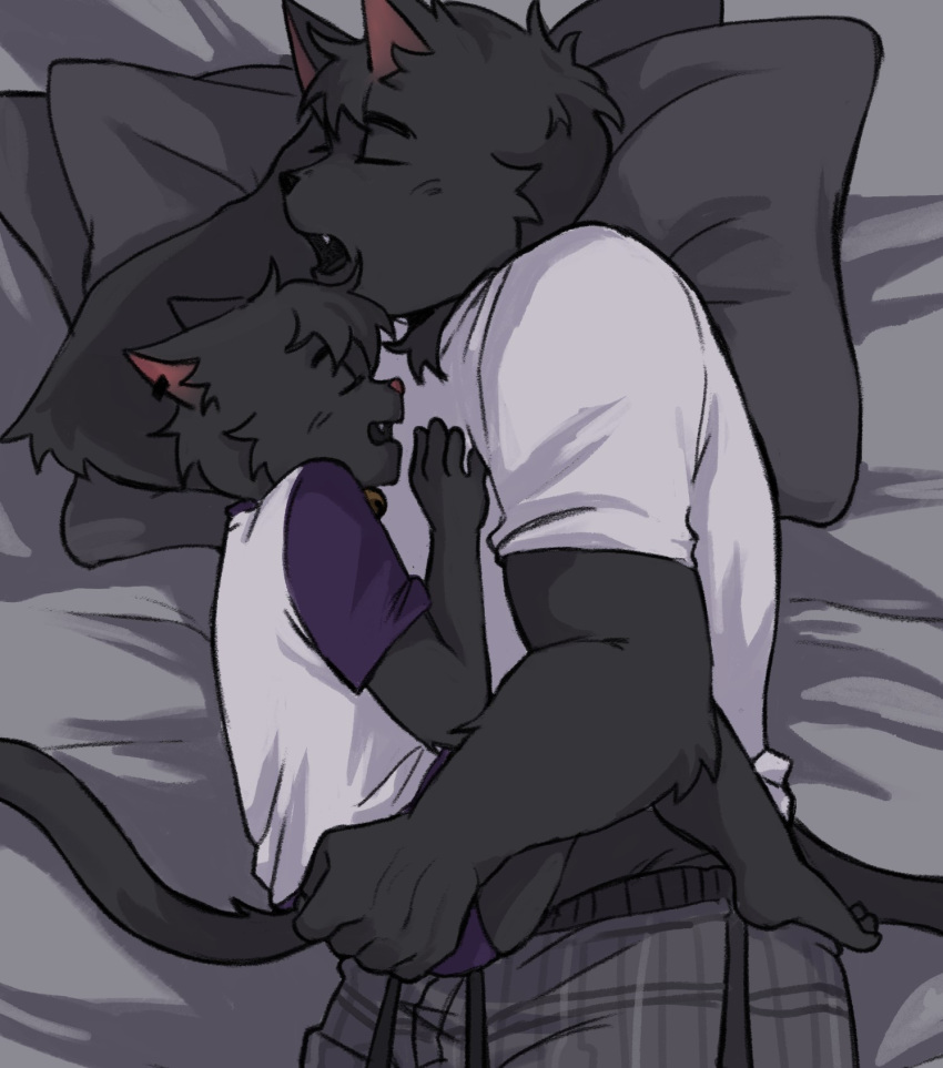 ambiguous_gender anthro bed cuddling domestic_cat duo father father_and_child father_and_son felid feline felis furniture hi_res intersex intersex/male kittyfun male male/male mammal on_bed parent parent_and_child sleeping son trans_(lore) under_covers young