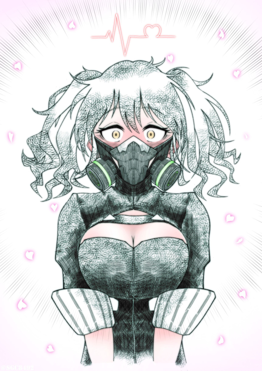 1girl absurdres black_hair blush breasts cleavage gas_mask girls'_frontline highres large_breasts mask respirator sangvis_ferri scarecrow_(girls'_frontline) solo sugac twintails white_background yellow_eyes