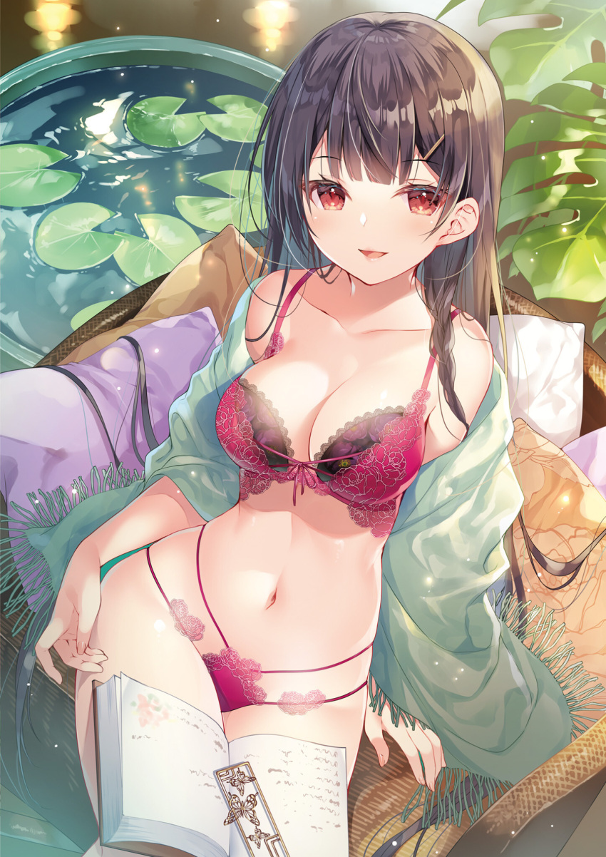 1girl bare_shoulders black_hair book bra breasts chair cleavage collarbone dengeki_moeou hair_ornament hairclip highres lace-trimmed_bra lace_trim large_breasts lily_pad lingerie long_hair looking_at_viewer miwabe_sakura multi-strapped_panties navel off_shoulder open_book open_mouth original panties red_bra red_eyes red_panties sitting smile solo stomach string_bra string_panties thighs underwear underwear_only