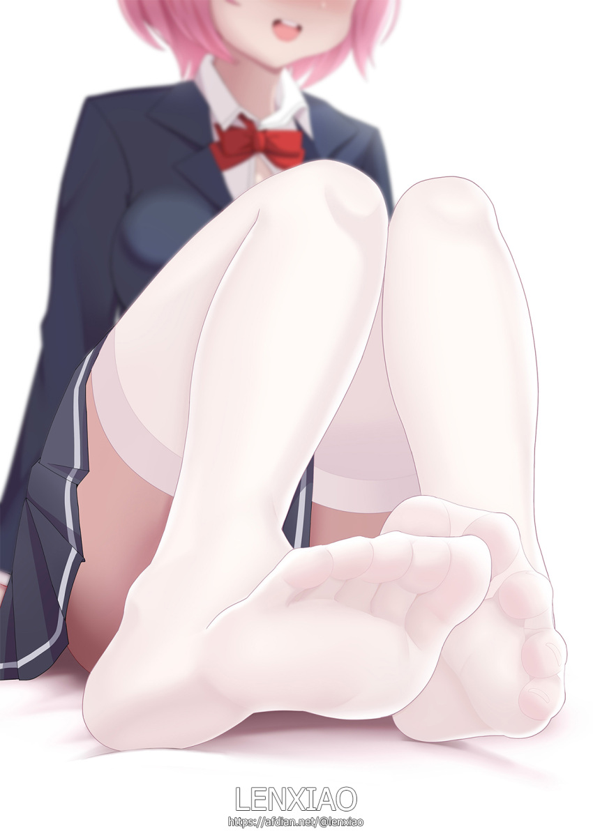 1girl blush bow bowtie breasts feet foot_focus highres legs leng_xiao long_sleeves original pink_hair pleated_skirt red_bow red_bowtie school_uniform see-through see-through_legwear sitting skirt soles solo thighhighs uniform white_legwear