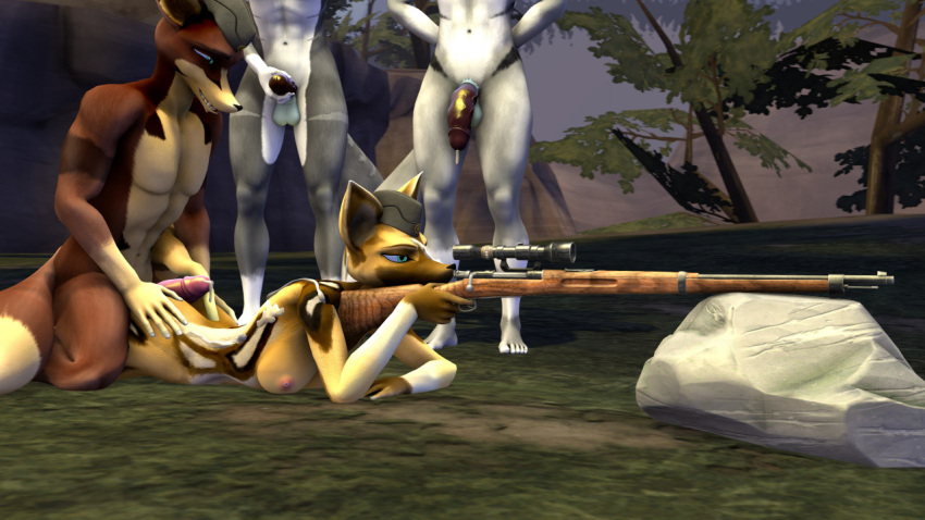 3d_(artwork) african_wild_dog anthro being_watched bodily_fluids breasts canid canine casual_exposure casual_nudity casual_sex clothing cum cum_on_back cum_on_face digital_media_(artwork) female forest fox from_behind_position genital_fluids genitals group gun hand_on_butt hand_on_penis hat headgear headwear hot_dogging kneeling leaking_cum looking_at_another lying male male/female mammal masturbation military military_cap nude on_front penis plant ranged_weapon rifle sex tree weapon wolf552906