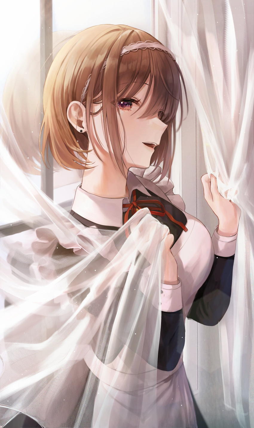 1girl absurdres apron bangs blunt_bangs breasts brown_hair curtains frilled_apron frills highres long_sleeves looking_at_viewer maid maid_apron maid_headdress myowa original red_eyes short_hair solo standing window