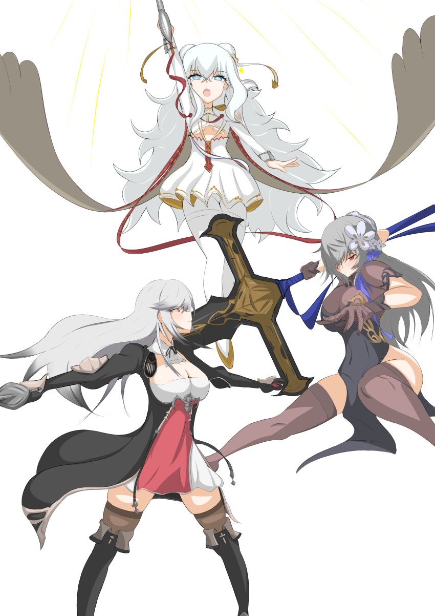 +_+ 3girls absurdres arm_up azur_lane black_footwear blue_eyes blue_ribbon boots breasts brown_gloves brown_legwear china_dress chinese_clothes cleavage clothing_cutout double_bun dress flower from_side gloves grey_hair hair_flower hair_ornament hair_over_one_eye hand_fan highres holding holding_polearm holding_weapon kamonekoinu knee_boots large_breasts le_malin_(azur_lane) long_hair looking_at_viewer multiple_girls official_alternate_costume open_mouth pantyhose pelvic_curtain polearm red_dress red_eyes red_ribbon ribbon saint-louis_(alluring_administrator)_(azur_lane) saint-louis_(azur_lane) sheer_gloves short_sleeves simple_background spear thighhighs two-tone_dress underboob_cutout very_long_hair weapon white_background white_dress white_hair white_legwear