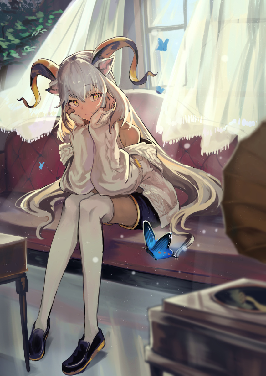 1girl animal_ears arknights bangs bare_shoulders beeswax_(arknights) beeswax_(weisser_sand)_(arknights) black_footwear black_pants bug butterfly closed_mouth couch curtains dark-skinned_female dark_skin day eyebrows_visible_through_hair full_body goat_ears goat_girl goat_horns hands_on_own_cheeks hands_on_own_face highres horns indoors jacket light_particles long_hair long_sleeves looking_at_viewer natsuba002 official_alternate_costume on_couch open_clothes open_jacket pants phonograph silver_hair sitting solo sunlight thighhighs very_long_hair white_jacket white_legwear yellow_eyes