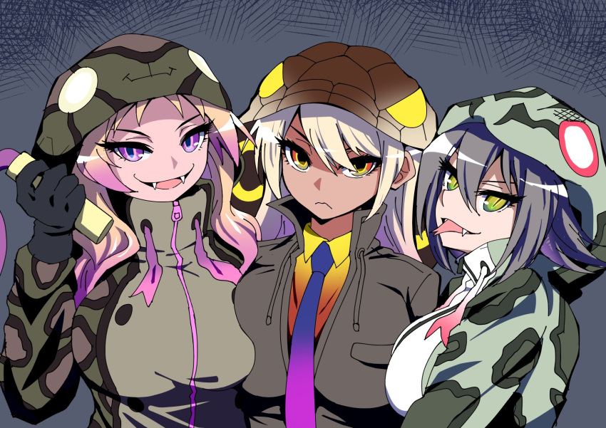 3girls african_rock_python_(kemono_friends) fangs forked_tongue gradient_hair highres hood jacket kemono_friends king_cobra_(kemono_friends) mamiyama multicolored_hair multiple_girls necktie okinawa_habu_(kemono_friends) slit_pupils tongue tongue_out weapon whip