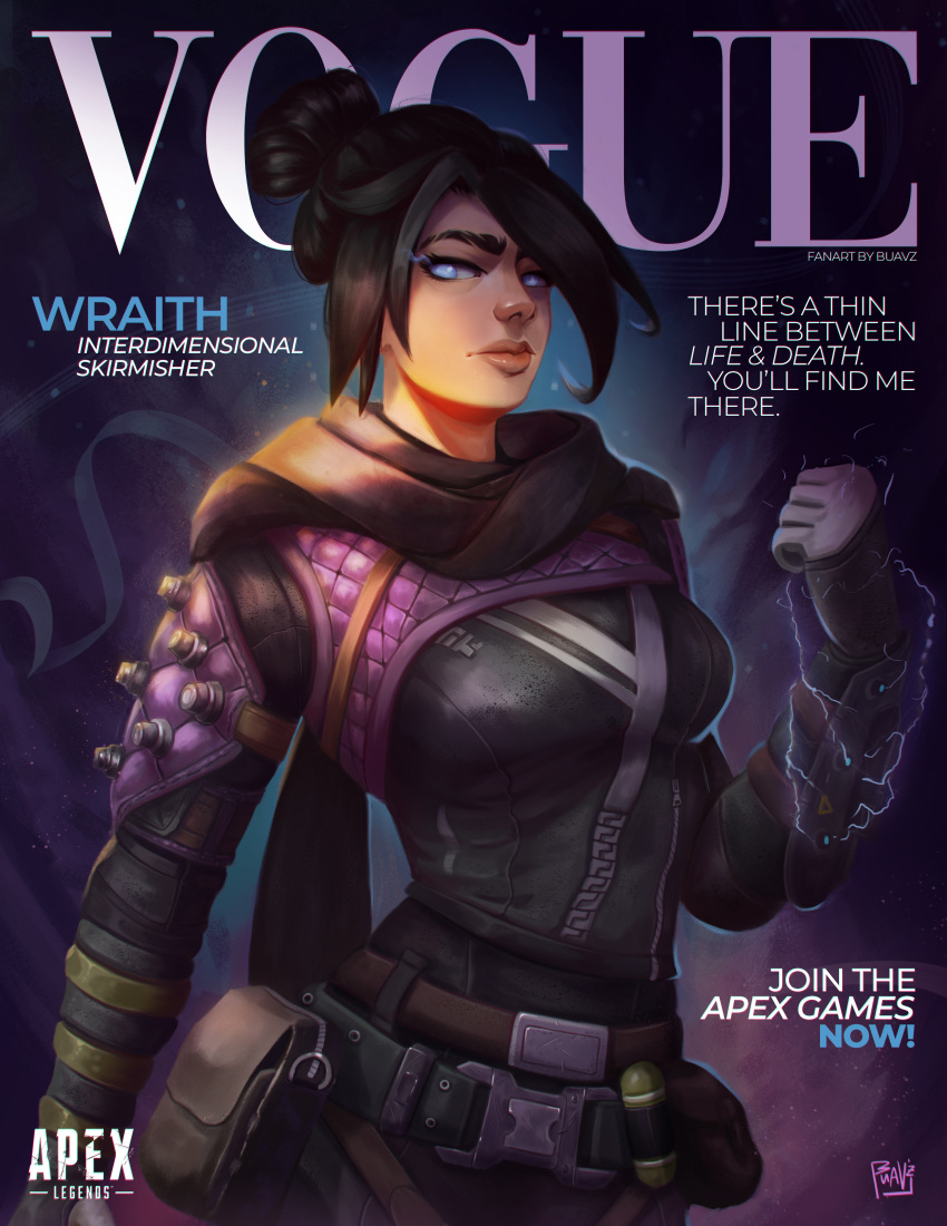 1girl absurdres apex_legends bangs belt black_belt black_bodysuit black_scarf blue_eyes bodysuit breasts brown_belt buavz clenched_hand copyright_name cover electricity english_commentary fake_magazine_cover gloves grey_gloves hair_bun highres logo magazine_cover medium_breasts scarf solo thick_lips vogue_(magazine) wraith_(apex_legends)
