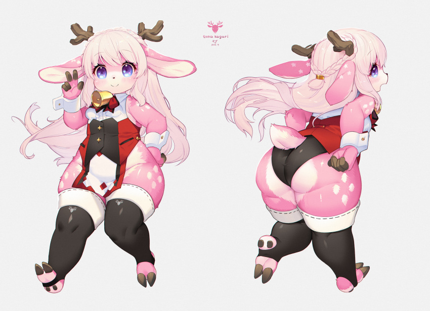 1girl animal_ears antlers arm_up ass bell black_legwear black_leotard blonde_hair blue_eyes braid breasts deer_ears deer_tail full_body furry furry_female grey_background groin hand_on_hip highres kishibe leotard leotard_under_clothes long_hair multiple_views no_pants open_mouth original pelvic_curtain red_shirt reindeer_antlers shirt simple_background small_breasts smile solo tail thighhighs thighs toeless_legwear tona_(kishibe) turnaround v wrist_cuffs