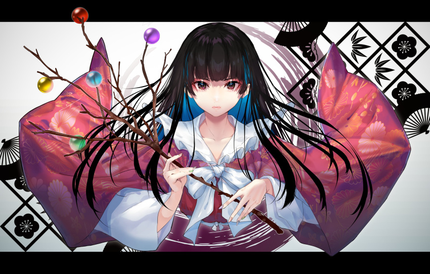 1girl ascot bangs black_hair blue_hair blunt_bangs bow bowtie branch breasts brown_flower closed_mouth collared_shirt colored_inner_hair commentary_request eyelashes fingernails floral_print flower frills green_nails hand_up highres hime_cut houraisan_kaguya japanese_clothes jeweled_branch_of_hourai letterboxed long_fingernails long_hair long_sleeves looking_at_viewer multicolored_hair partially_submerged pink_nails pink_shirt purple_nails red_skirt ripples shirt skirt solo standing touhou treasure two-tone_hair very_long_hair water white_ascot white_background white_bow white_bowtie wide_sleeves yae_(mono110) yellow_eyes