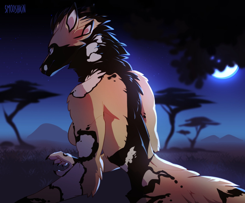 anthro black_body black_fur breasts brown_body canid canine canis digital_media_(artwork) domestic_dog female fur looking_at_viewer mammal markings moon night packfang plant smooshkin solo spots spotted_markings tree wild_dog_(disambiguation)