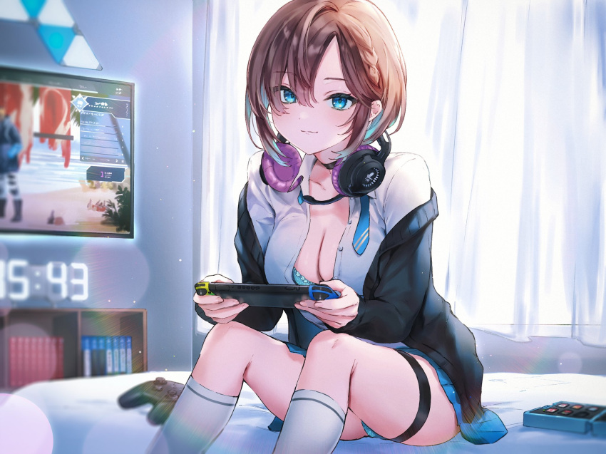 1girl apex_legends bed black_sweater blue_eyes blue_necktie blue_skirt breasts brown_hair cleavage collarbone curtains highres indoors kneehighs long_hair necktie nekoyashiki_pushio nintendo_switch open_clothes original playing_games shirt sitting skirt solo sweater switch television white_legwear