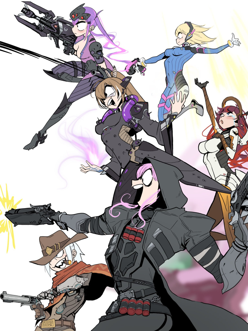 6+girls airborne black_bodysuit blonde_hair blue_bodysuit blue_eyes blue_hair bodysuit breasts brown_hair cassidy_(overwatch) cassidy_(overwatch)_(cosplay) cleavage cosplay covered_navel cowboy_hat d.va_(overwatch) d.va_(overwatch)_(cosplay) dual_wielding english_commentary feather_hair_ornament feathers gawr_gura gloves goggles goggles_on_head grey_hair gun hair_ornament hat heterochromia highres holding holding_gun holding_weapon hololive hood hood_up irys_(hololive) long_hair looking_up medium_breasts mercy_(overwatch) mercy_(overwatch)_(cosplay) moira_(overwatch) moira_(overwatch)_(cosplay) mori_calliope multicolored_hair multiple_girls nanashi_mumei overwatch pilot_suit pink_hair ponytail purple_bodysuit purple_eyes reaper_(overwatch) reaper_(overwatch)_(cosplay) streaked_hair tokoyami_towa virtual_youtuber watson_amelia weapon white_background white_gloves widowmaker_(overwatch) widowmaker_(overwatch)_(cosplay) zedd_(zedgawr)