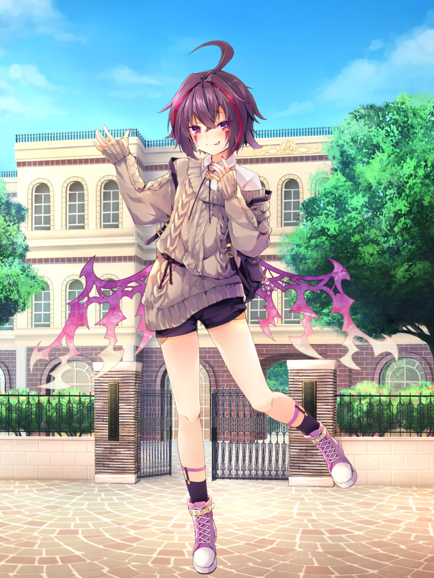 1girl :p ahoge bag bangs black_hair blush building chain_paradox day dennryuurai eyebrows_visible_through_hair facial_mark highres looking_at_viewer low_wings multicolored_hair outdoors red_eyes short_hair shorts solo streaked_hair sweater tongue tongue_out wings