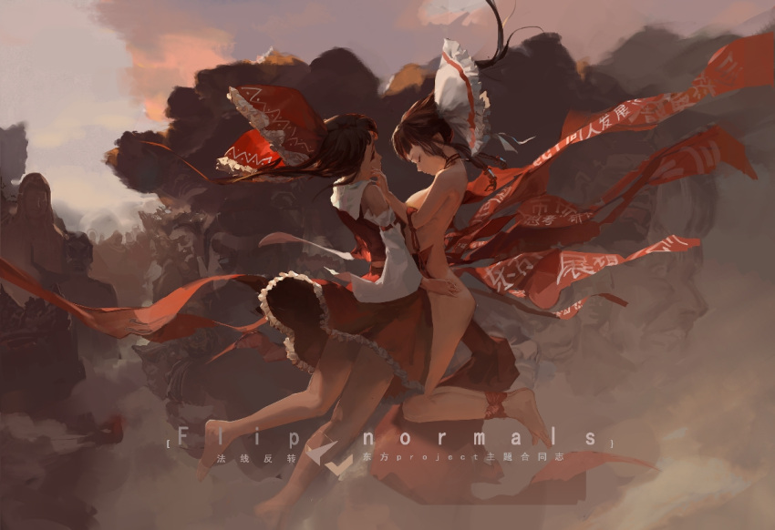 2girls bare_legs bare_shoulders barefoot bound bound_legs bow breasts brown_hair closed_eyes closed_mouth clothed_female_nude_female cloud commentary_request day detached_sleeves diao_(nrays) dual_persona english_text flying frilled_bow frilled_skirt frills from_side full_body hair_bow hakurei_reimu hand_on_another's_face large_bow long_hair long_sleeves medium_breasts medium_skirt midair multiple_girls nude outdoors red_bow red_skirt ribbon-trimmed_sleeves ribbon_trim sideboob skirt statue touhou white_bow