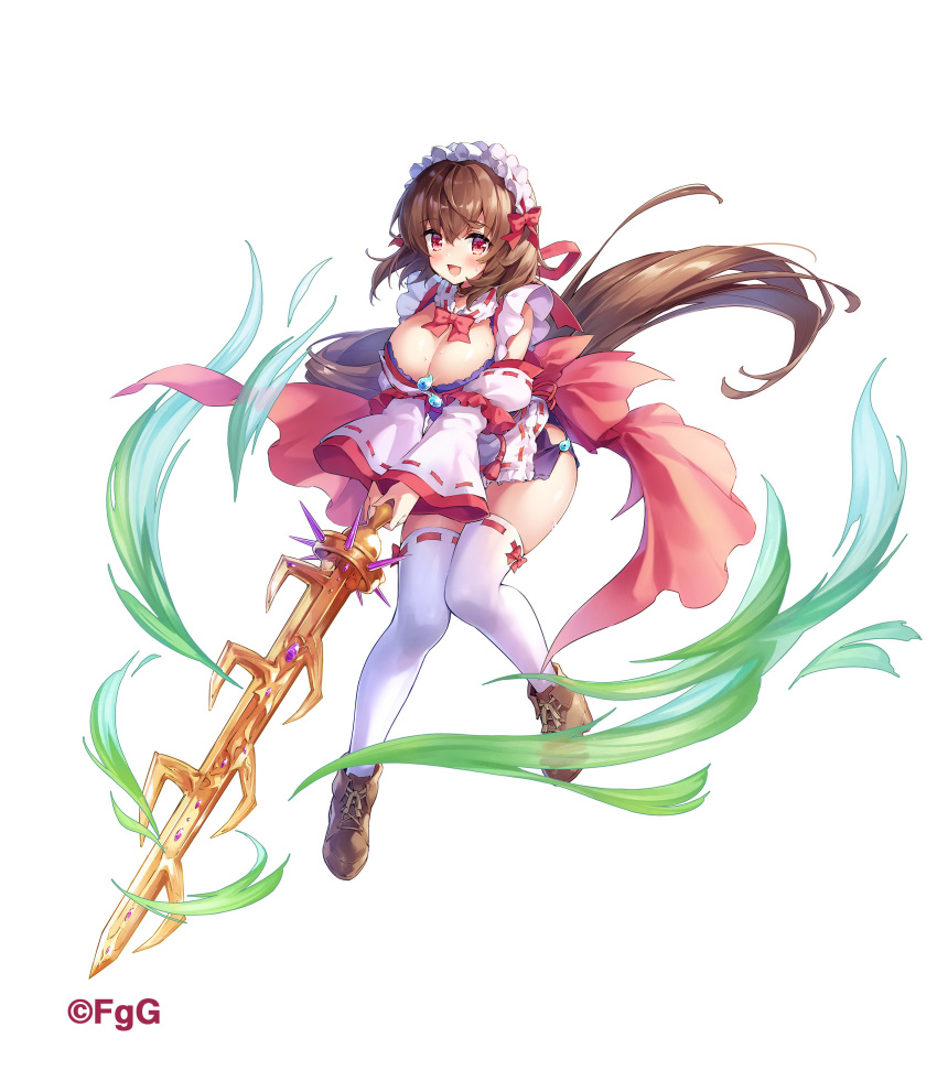 ;d absurdres back_bow bow breasts brown_hair cleavage curvy detached_sleeves eyebrows_visible_through_hair frilled_sleeves frills golden_sword highres holding holding_sword holding_weapon japanese_clothes large_breasts looking_at_viewer magatama maid_headdress one_eye_closed phantom_of_the_kill red_eyes seven-branched_sword seven-branched_sword_(phantom_of_the_kill) shoes smile sword thighhighs weapon wind