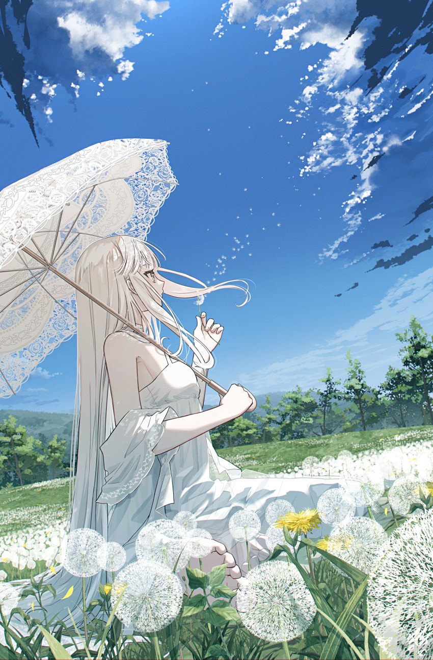 1girl absurdres bangs bare_shoulders barefoot cloud commentary dandelion day detached_sleeves dress flower from_side grass highres holding holding_flower holding_umbrella lace-trimmed_umbrella long_hair looking_afar original outdoors scenery sitting sky solo symbol-only_commentary tngn96 tree umbrella very_long_hair wariza white_dress white_hair yellow_eyes