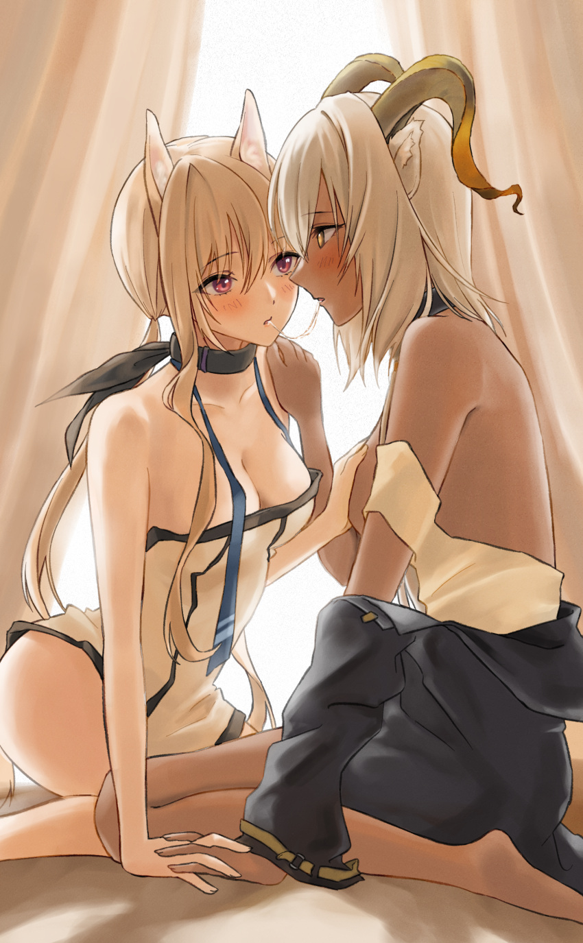 2girls absurdres after_kiss animal_ear_fluff animal_ears arknights backlighting bangs bare_legs bare_shoulders barefoot beeswax_(arknights) black_jacket blonde_hair blush breast_grab breasts cardigan_(arknights) cleavage collar collarbone curtains dark-skinned_female dark_skin dog_ears dress eye_contact eyebrows_visible_through_hair goat_ears goat_girl goat_horns grabbing hand_on_another's_shoulder highres holding_hands horns huziko32 jacket kneeling long_hair long_sleeves looking_at_another low_ponytail medium_breasts multiple_girls open_clothes open_jacket parted_lips profile purple_eyes saliva saliva_trail short_hair silver_hair simple_background single_sidelock sitting strap_slip strapless strapless_dress white_background white_dress yuri