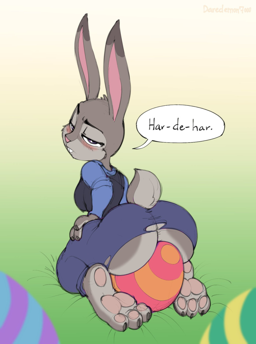 annoyed anthro anus barely_visible_anus big_butt blush bottomwear buckteeth butt clothing daredemon7000 dipstick_ears disney easter egg english_text female frown grey_body hand_on_hip hi_res holidays judy_hopps kneeling lagomorph leporid looking_at_viewer looking_back mammal multicolored_ears pants pawpads purple_eyes rabbit shirt sitting_on_egg solo speech_bubble teeth text thick_thighs topwear torn_bottomwear torn_clothing torn_pants uniform vest zootopia