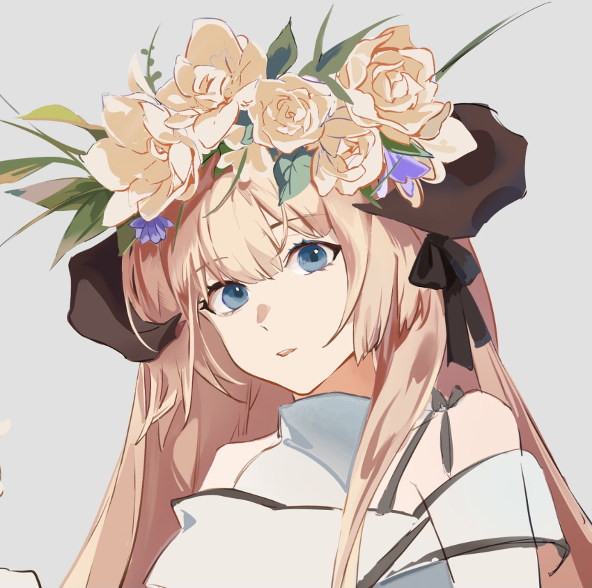 1girl 90_(37032) arknights bangs bare_shoulders black_ribbon blonde_hair blue_eyes eyebrows_visible_through_hair flower hair_flower hair_ornament hair_ribbon highres horns long_hair looking_at_viewer nightingale_(arknights) parted_lips ribbon rose simple_background smile solo upper_body very_long_hair white_background yellow_flower yellow_rose
