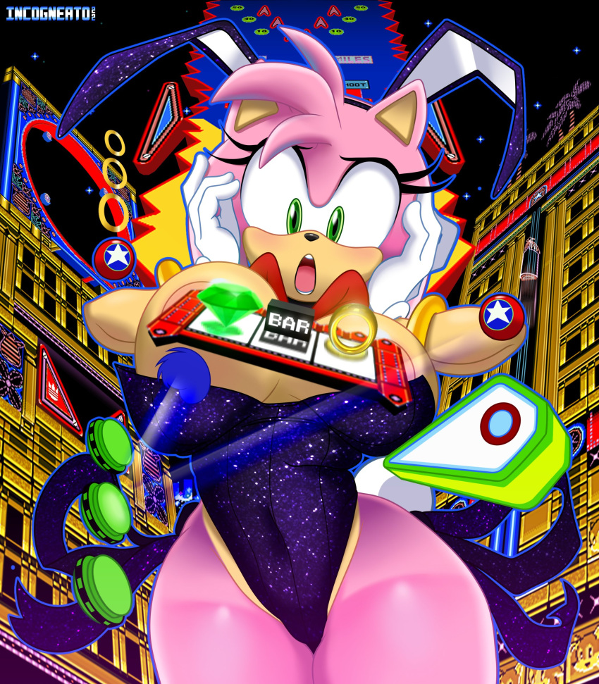 absurd_res amy_rose anthro big_breasts blue_body blue_fur blush bracelet breasts bumper_(sonic) bunny_costume casino chaos_emerald clothing costume duo eulipotyphlan eyelashes fake_ears female fur gloves green_eyes handwear hedgehog hi_res incogneato jewelry low-angle_view macro male mammal open_mouth pinball pink_body pink_fur ring sega signature slot_machine sonic_the_hedgehog sonic_the_hedgehog_(series) surprised_expression tan_body tan_skin thick_thighs